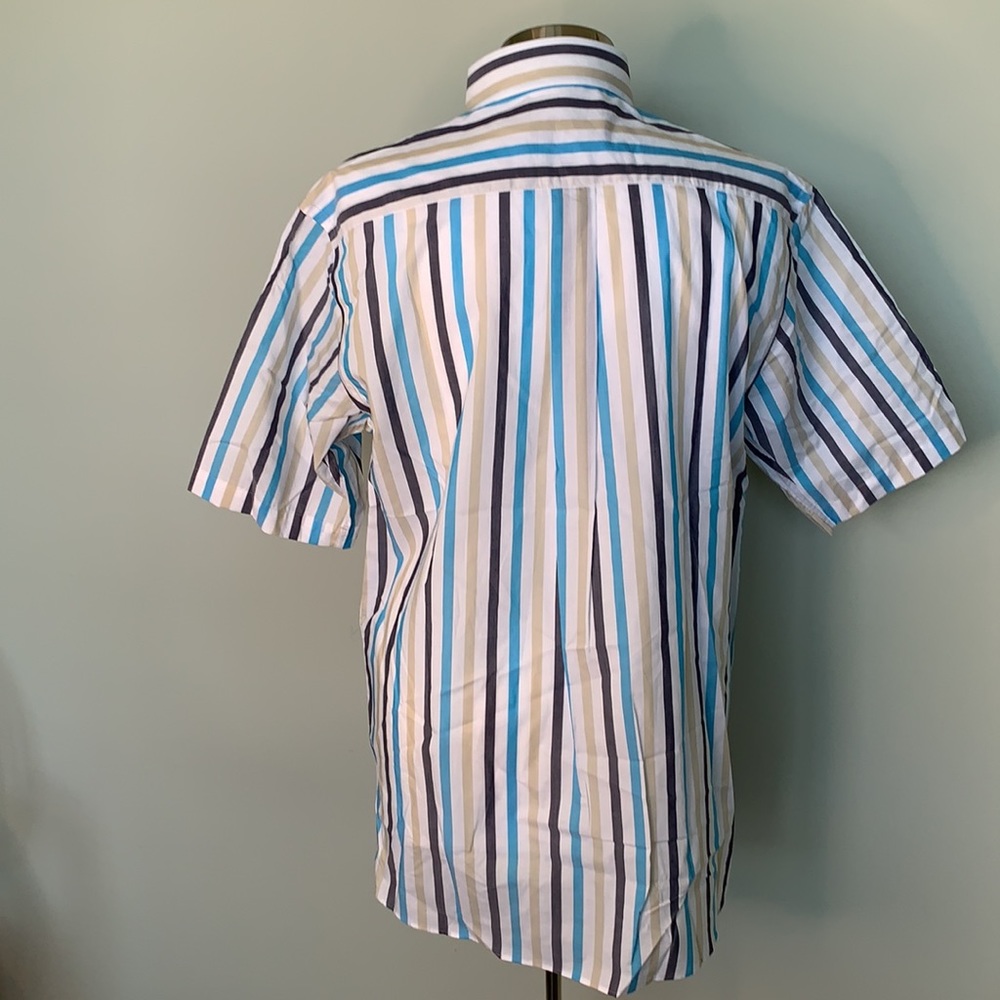 DANIEL CREMIEUX NWT MEN’S TAN BLUE WHITE STRIPED SHORT SLEEVE BUTTON FRONT S - Picture 4 of 6